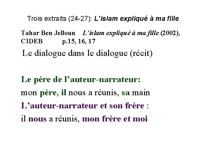 Trois extraits (24 -27): L’islam expliqué à ma fille Tahar Ben Jelloun L’islam expliqué