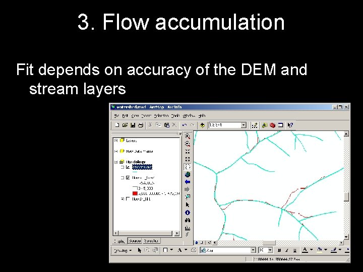 3. Flow accumulation Fit depends on accuracy of the DEM and stream layers 