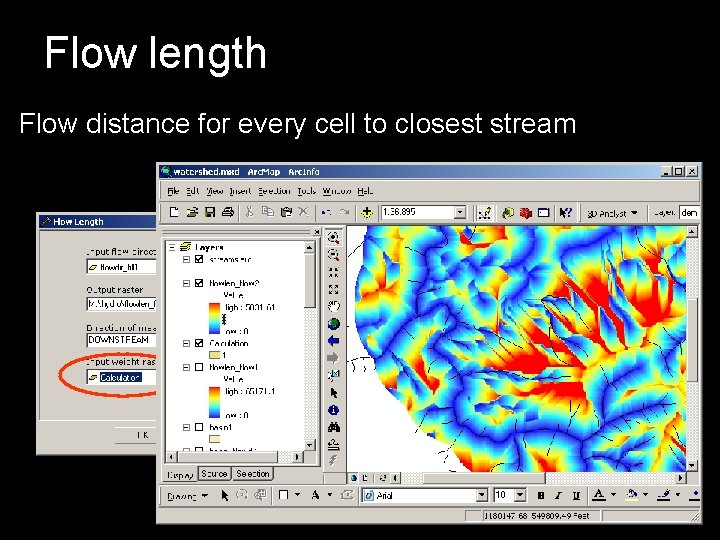 Flow length Flow distance for every cell to closest stream 