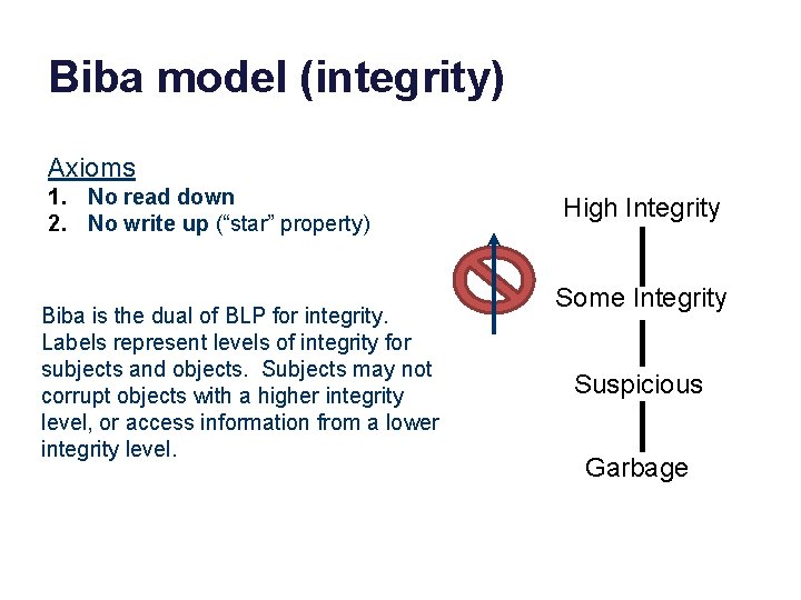 Biba model (integrity) Axioms 1. No read down 2. No write up (“star” property)