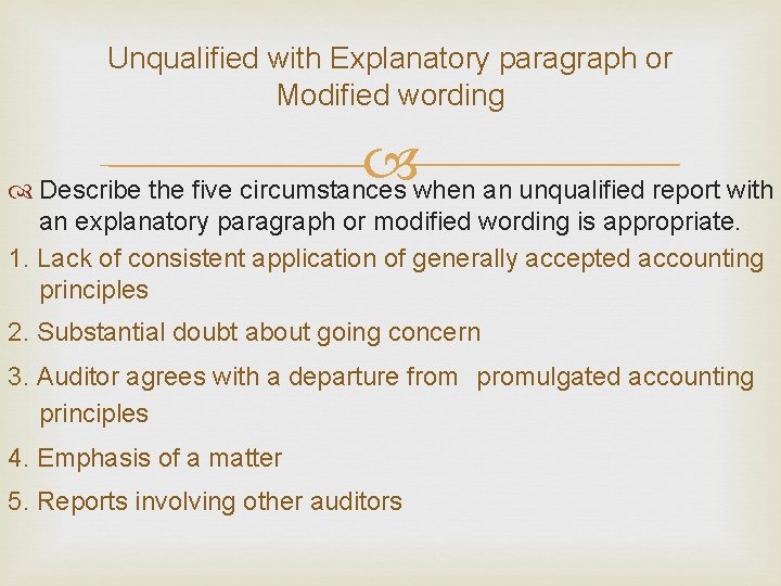 Unqualified with Explanatory paragraph or Modified wording Describe the five circumstances when an unqualified