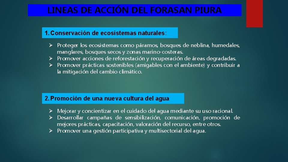 LINEAS DE ACCIÓN DEL FORASAN PIURA 1. Conservación de ecosistemas naturales: Ø Proteger los