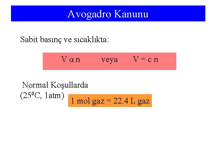 Avogadro Kanunu Sabit basınç ve sıcaklıkta: Vαn veya V=cn Normal Koşullarda (250 C, 1