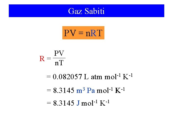 Gaz Sabiti PV = n. RT PV R= n. T = 0. 082057 L