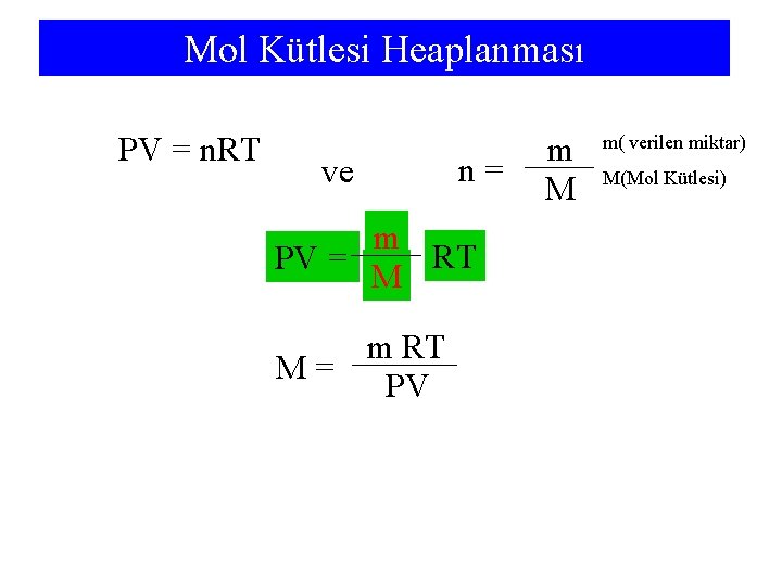 Mol Kütlesi Heaplanması PV = n. RT ve n= m RT PV = M