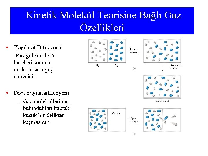 Kinetik Molekül Teorisine Bağlı Gaz Özellikleri • Yayılma( Difüzyon) -Rastgele molekül hareketi sonucu moleküllerin