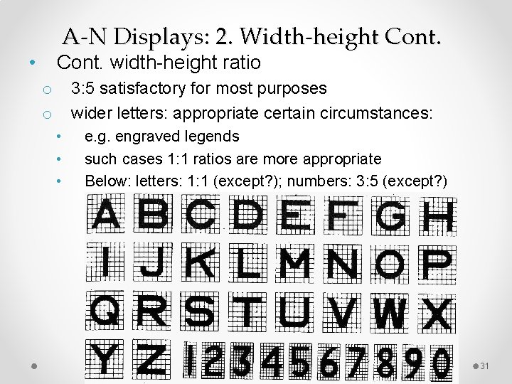 A-N Displays: 2. Width-height Cont. • Cont. width-height ratio 3: 5 satisfactory for most