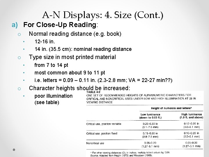 A-N Displays: 4. Size (Cont. ) a) For Close-Up Reading: Normal reading distance (e.