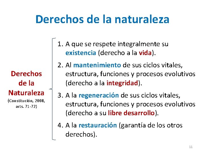 Derechos de la naturaleza 1. A que se respete integralmente su existencia (derecho a
