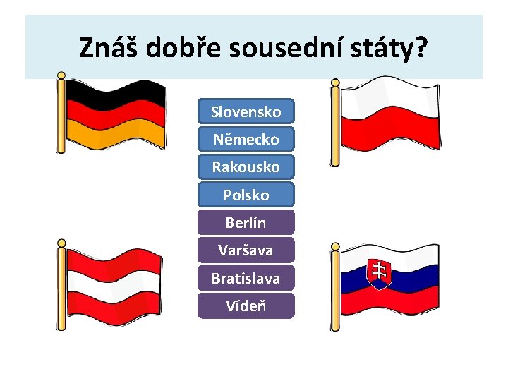 Znáš dobře sousední státy? Slovensko Německo Rakousko Polsko Berlín Varšava Bratislava Vídeň 