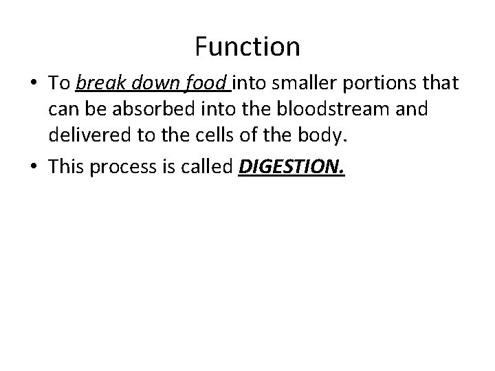 Function • To break down food into smaller portions that can be absorbed into