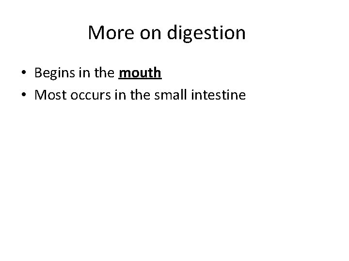 More on digestion • Begins in the mouth • Most occurs in the small