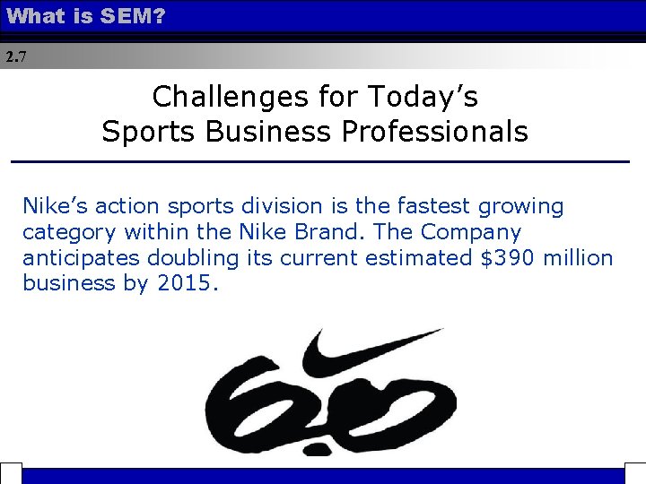 What is SEM? 2. 7 Challenges for Today’s Sports Business Professionals Nike’s action sports