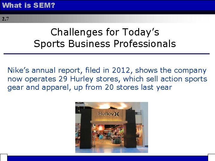 What is SEM? 2. 7 Challenges for Today’s Sports Business Professionals Nike’s annual report,