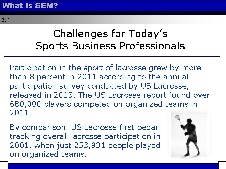 What is SEM? 2. 7 Challenges for Today’s Sports Business Professionals Participation in the