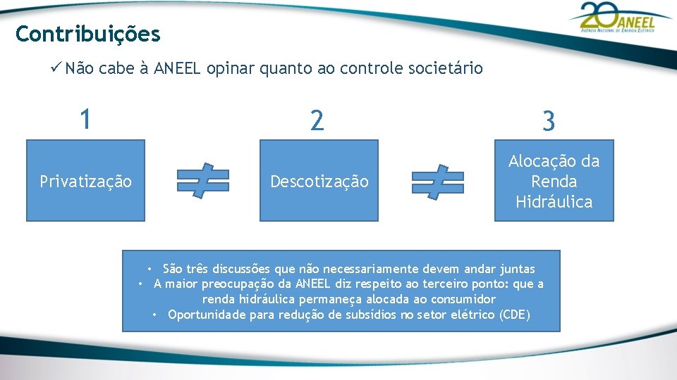 Contribuições ü Não cabe à ANEEL opinar quanto ao controle societário 1 Privatização 2