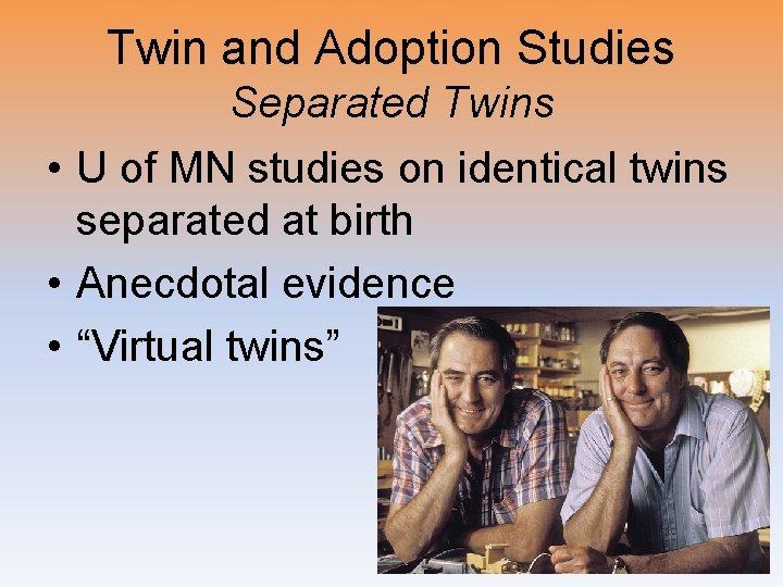 Twin and Adoption Studies Separated Twins • U of MN studies on identical twins