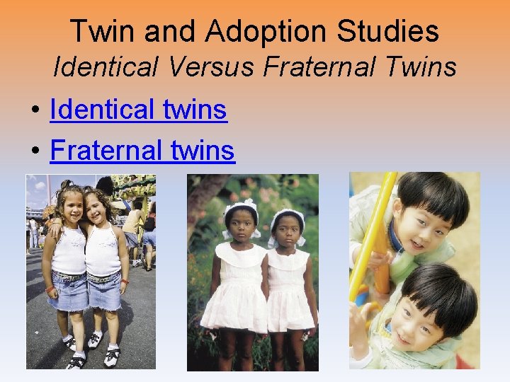 Twin and Adoption Studies Identical Versus Fraternal Twins • Identical twins • Fraternal twins