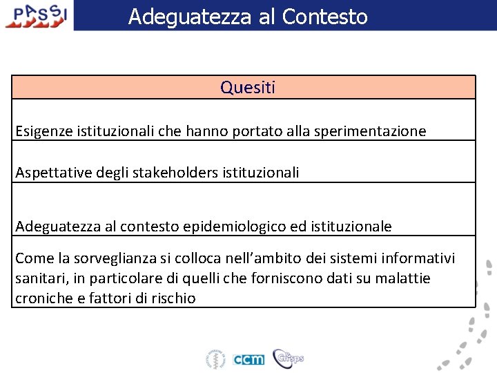 Adeguatezza al Contesto Quesiti Esigenze istituzionali che hanno portato alla sperimentazione Aspettative degli stakeholders