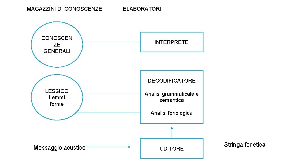 MAGAZZINI DI CONOSCENZE CONOSCEN ZE GENERALI ELABORATORI INTERPRETE DECODIFICATORE LESSICO Lemmi forme Analisi grammaticale