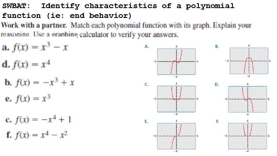 SWBAT: Identify characteristics of a polynomial function (ie: end behavior) Warm Up: Page 1