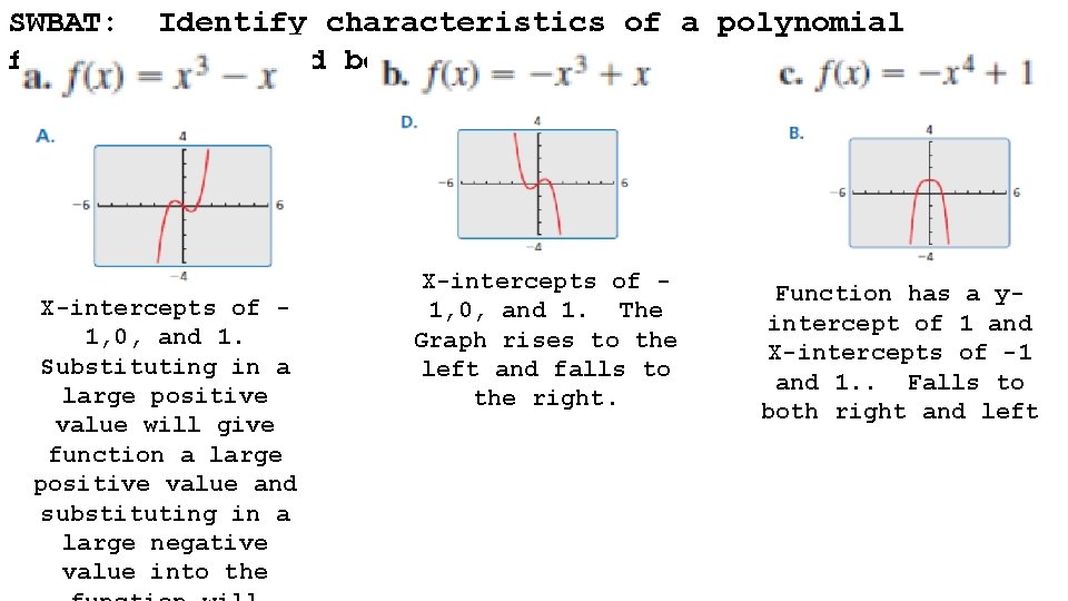 SWBAT: Identify characteristics of a polynomial function (ie: end behavior) X-intercepts of 1, 0,