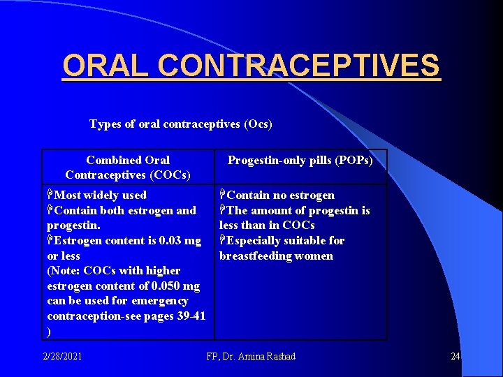 ORAL CONTRACEPTIVES Types of oral contraceptives (Ocs) Combined Oral Contraceptives (COCs) Progestin-only pills (POPs) ORAL CONTRACEPTIVES Types of oral contraceptives (Ocs) Combined Oral Contraceptives (COCs) Progestin-only pills (POPs)