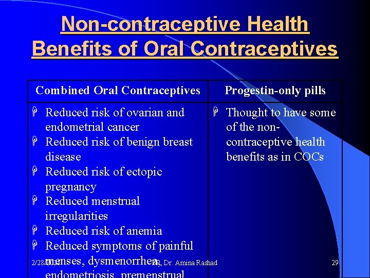 Non-contraceptive Health Benefits of Oral Contraceptives Combined Oral Contraceptives Reduced risk of ovarian and Non-contraceptive Health Benefits of Oral Contraceptives Combined Oral Contraceptives Reduced risk of ovarian and