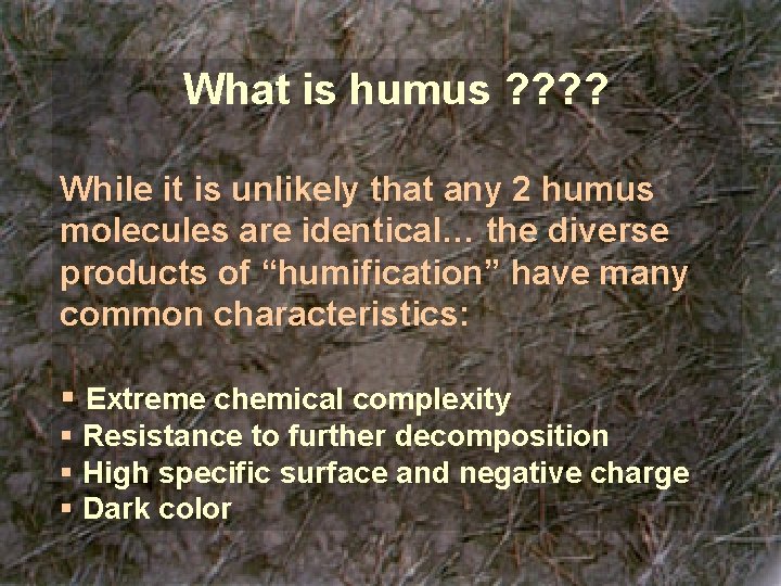 What is humus ? ? While it is unlikely that any 2 humus molecules