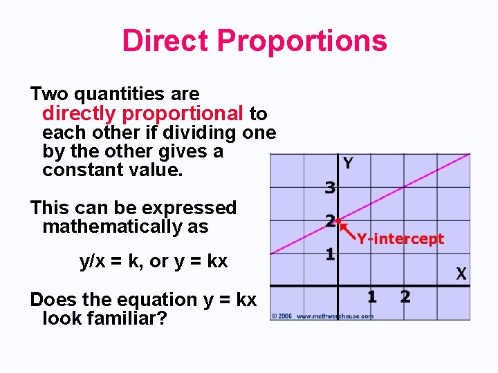 Direct Proportions Two quantities are directly proportional to each other if dividing one by