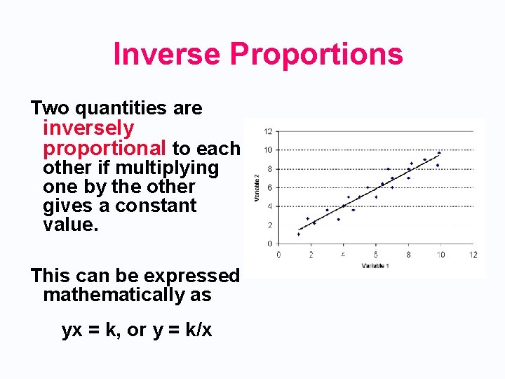 Inverse Proportions Two quantities are inversely proportional to each other if multiplying one by