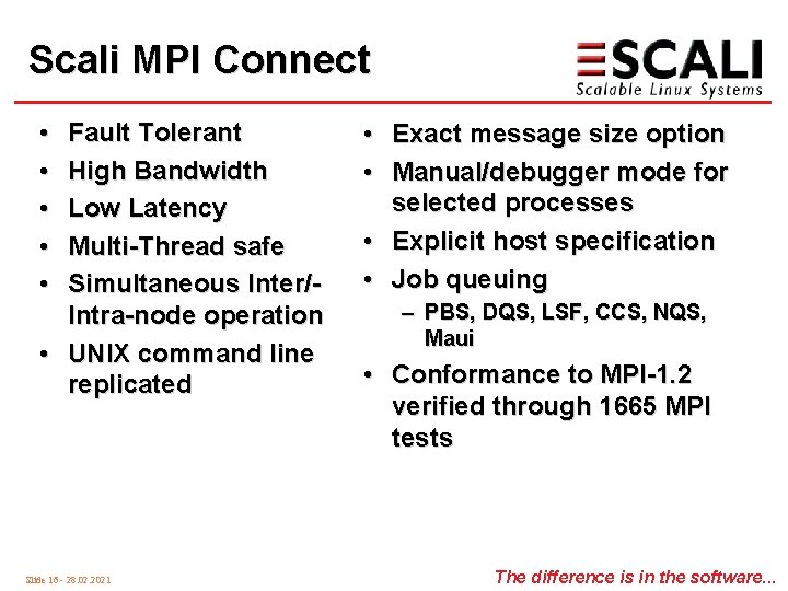 Scali MPI Connect • • • Fault Tolerant High Bandwidth Low Latency Multi-Thread safe