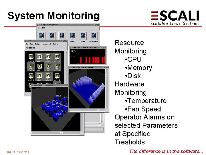 System Monitoring Resource Monitoring • CPU • Memory • Disk Hardware Monitoring • Temperature