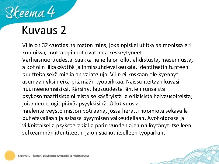 Kuvaus 2 Ville on 32 -vuotias naimaton mies, joka opiskellut it-alaa monissa eri kouluissa,