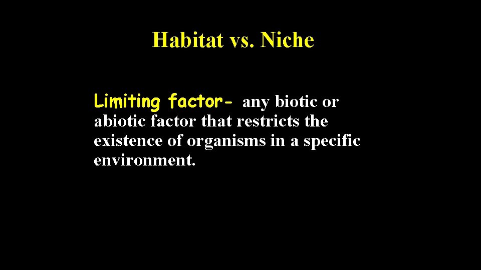 Habitat vs. Niche Limiting factor- any biotic or abiotic factor that restricts the existence