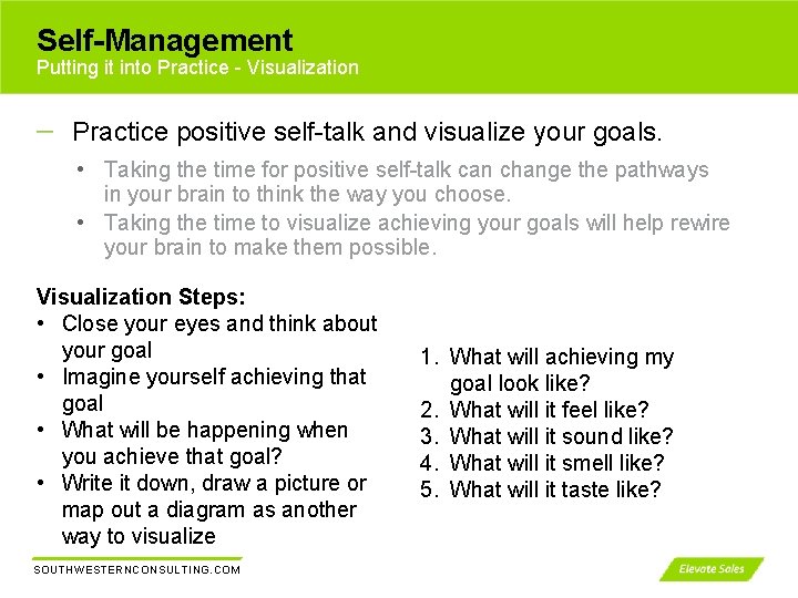 Self-Management Putting it into Practice - Visualization Practice positive self-talk and visualize your goals.