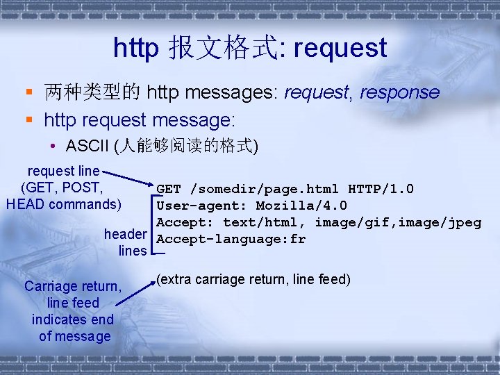 http 报文格式: request 两种类型的 http messages: request, response http request message: • ASCII (人能够阅读的格式)