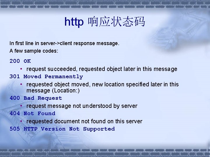 http 响应状态码 In first line in server->client response message. A few sample codes: 200