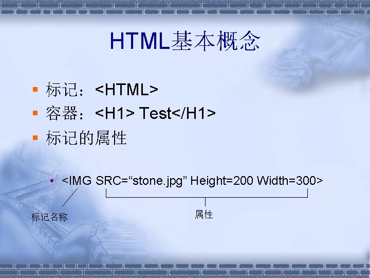 HTML基本概念 标记：<HTML> 容器：<H 1> Test</H 1> 标记的属性 • <IMG SRC=“stone. jpg” Height=200 Width=300> 标记名称