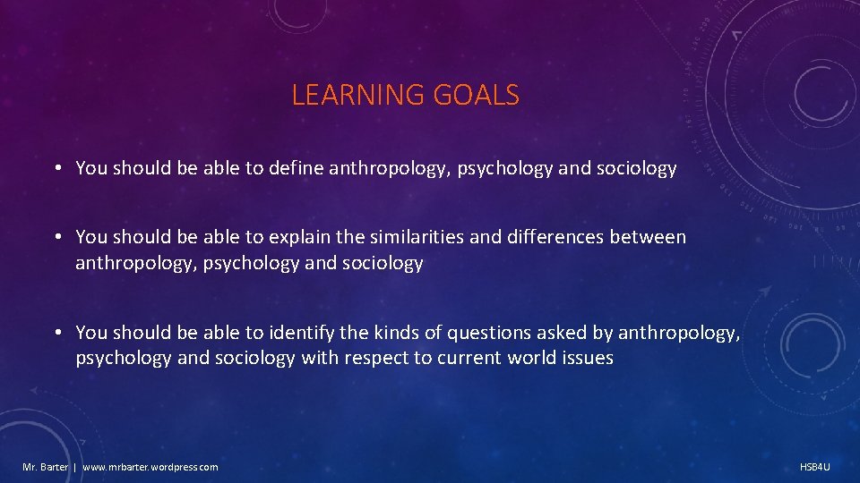 LEARNING GOALS • You should be able to define anthropology, psychology and sociology •