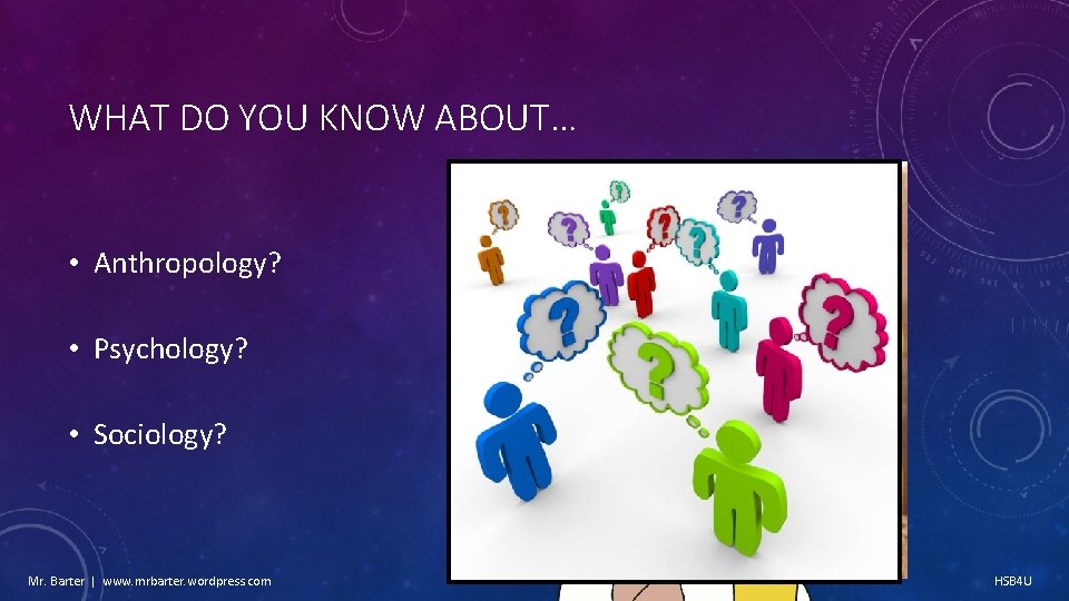 WHAT DO YOU KNOW ABOUT… • Anthropology? • Psychology? • Sociology? Mr. Barter |