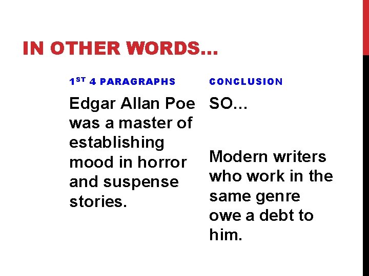 IN OTHER WORDS… 1 ST 4 PARAGRAPHS CONCLUSION Edgar Allan Poe was a master