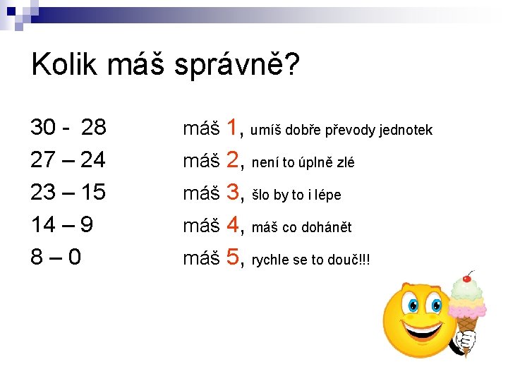 Kolik máš správně? 30 - 28 27 – 24 23 – 15 14 –