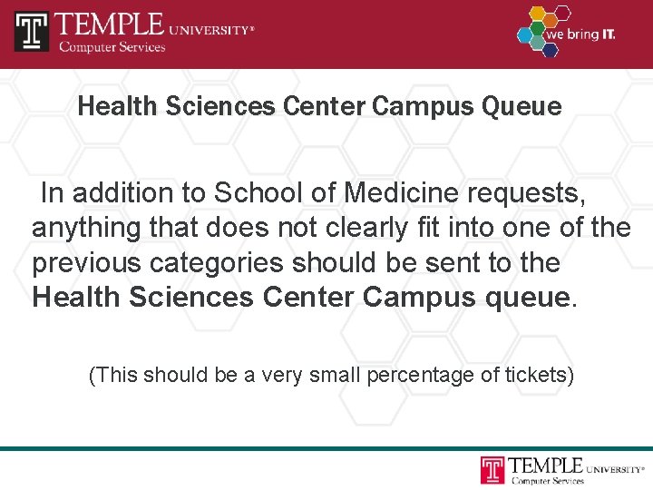 Health Sciences Center Campus Queue In addition to School of Medicine requests, anything that