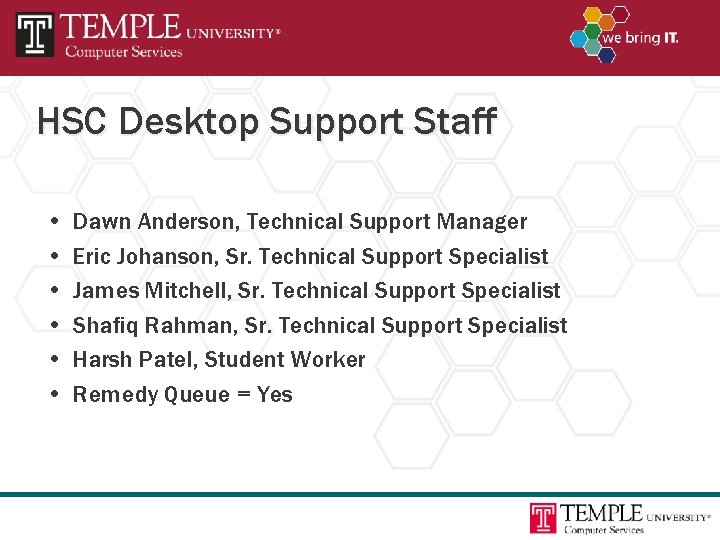 HSC Desktop Support Staff • • • Dawn Anderson, Technical Support Manager Eric Johanson,