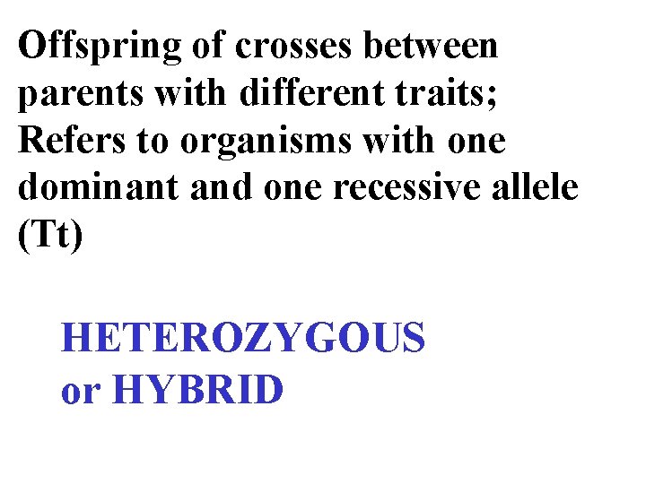 Offspring of crosses between parents with different traits; Refers to organisms with one dominant