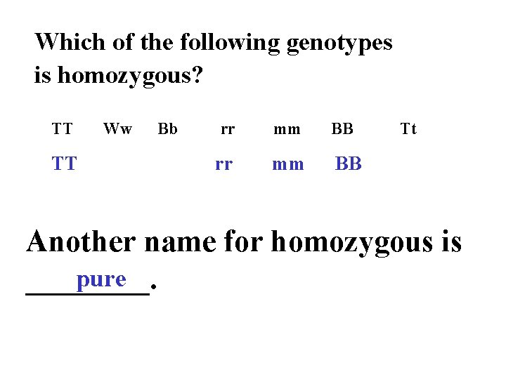 Which of the following genotypes is homozygous? TT TT Ww Bb rr mm BB