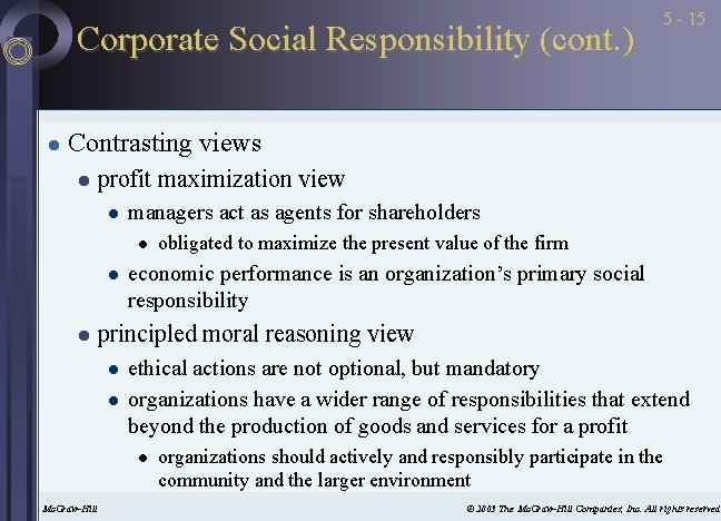 Corporate Social Responsibility (cont. ) l 5 - 15 Contrasting views l profit maximization