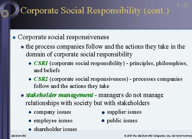 Corporate Social Responsibility (cont. ) l 5 - 17 Corporate social responsiveness l the