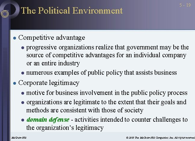 The Political Environment l 5 - 19 Competitive advantage progressive organizations realize that government
